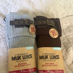 Muk Luks Knee High Buckle Boot Socks - Light Blue and Dark Brown